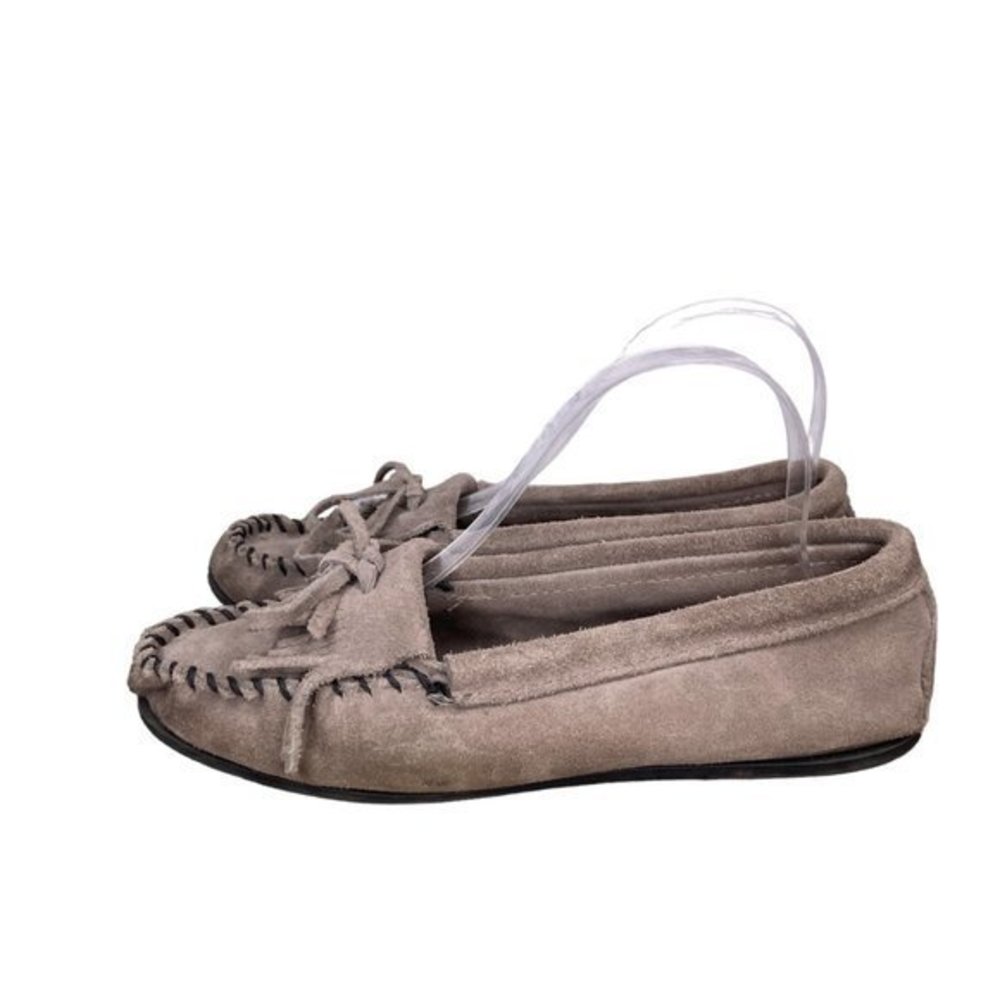 Minnetonka Women's 8 Kilty Hardsole Gray Suede Leather Fringe Moccasins Loafers - Picture 4 of 7